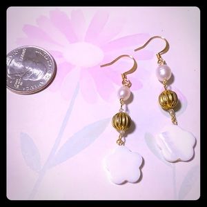 Hand Beaded Gold ball shell dangle earrings